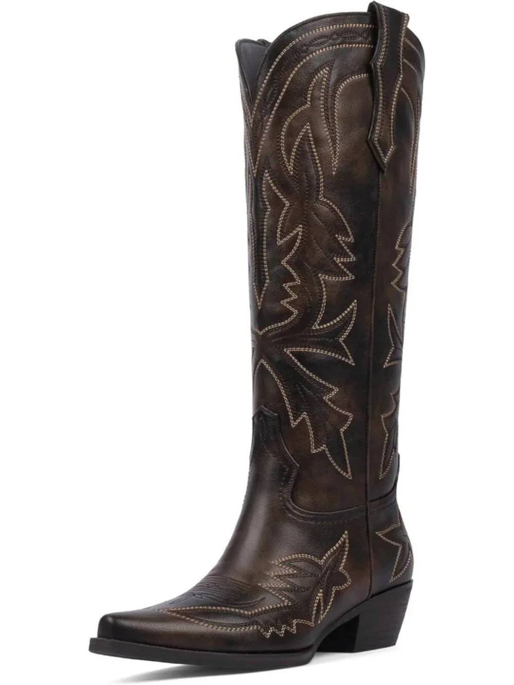 Women's Retro Brown Knee High Boots Embroidered Pull on Pointed Toe Chunky Heel
